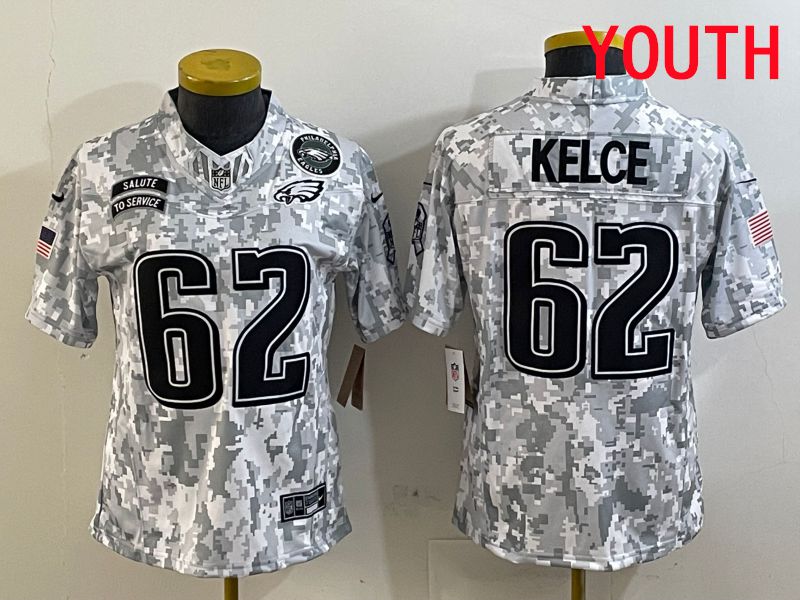 Youth Philadelphia Eagles #62 Kelce Nike Arctic Camo 2025 Salute to Service Limited NFL Jersey style 3